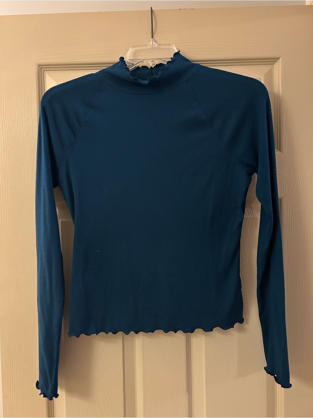 SO Teal Ribbed Long Sleeve Ruffled Mock Neck Top